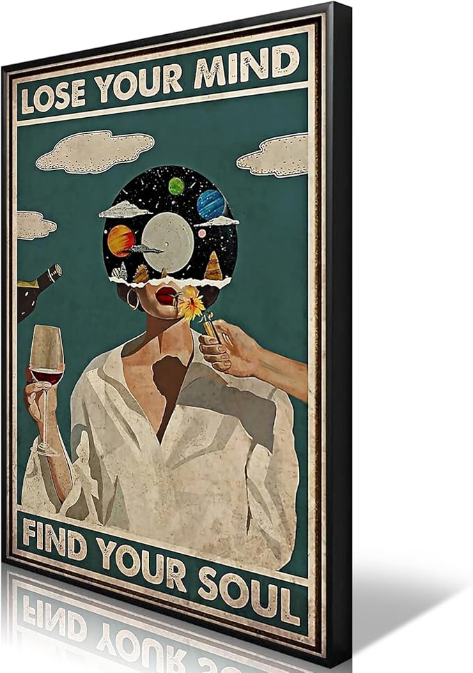 Framed Art Vintage Lose Your Mind Find Your Soul Poster Mental Health Quote Canvas Wall Art Posters Cool Unique Music Girl Print Painting Abstract Wall Decorfor Bed Room Bathroom 12x16in