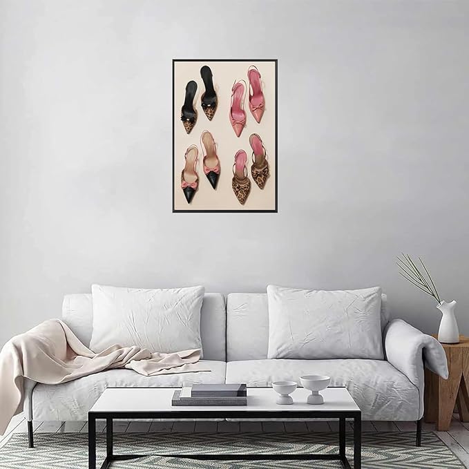 Pink Heel Leopard Posters Trendy Bow Leopard Heels Canvas Wall Art Coquettish Preppy Girly Decor Pink Sexy Aesthetic Prints Painting For Dormitory Bedroom Apartment 12x16in Framed