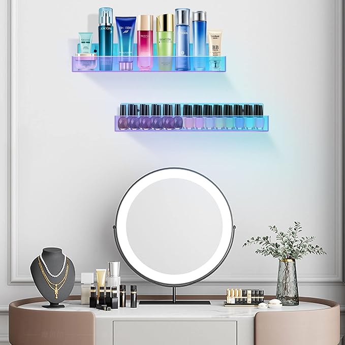 TLBTEK 2 Pcs 15 inch Iridescent Rainbow Floating Shelves,Colorful Acrylic Irridescent Floating Shelves Wall Mounted Storage for Bathroom, Bedroom, Living Room, Kitchen (Without Edge)