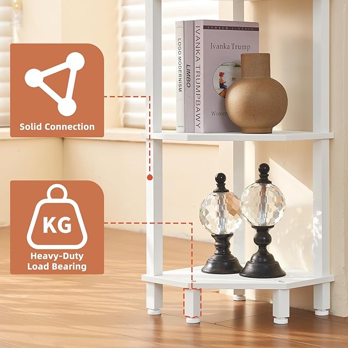 YUFAM 5-Tier Corner Shelf with Sturdy 5-Leg Base, 52in Tall Narrow Bookcase for Small Spaces, Wooden Plant Display Shelf, Thin Bookshelf for Living Room, Bedroom, Office, White