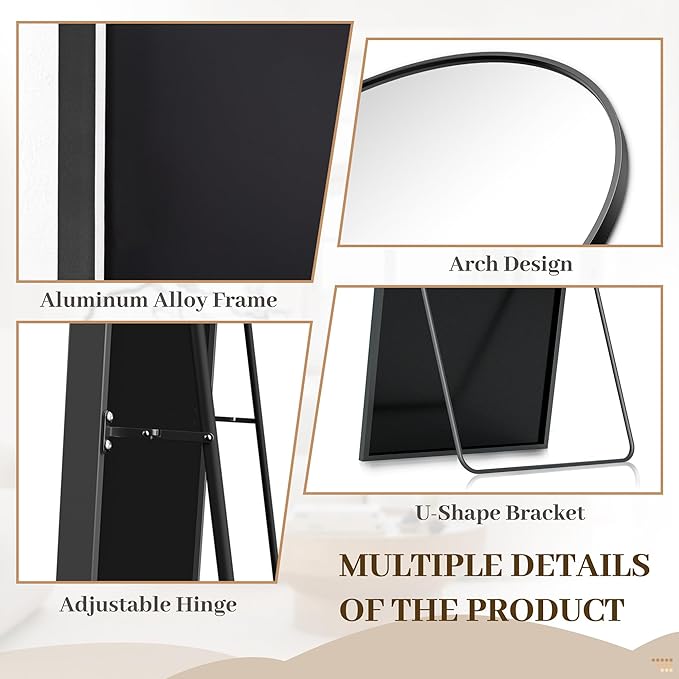 Suidia 72"x44" Arched Full Length Mirror with Stand, Full Body Mirror with Aluminum Frame, Freestanding/Leaning/Wall-Mounted, Floor Mirrors for Bedroom, Living Room, Entryway, Dressing Room, Black