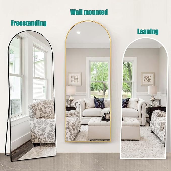 TinyTimes 64''x21'' Arched Full Length Mirror with Stand, Full Body Mirror, Mirrors Full Length Floor Freestanding, Wall Mounted Mirrors for Bedroom Living Room Cloakroom (Black)
