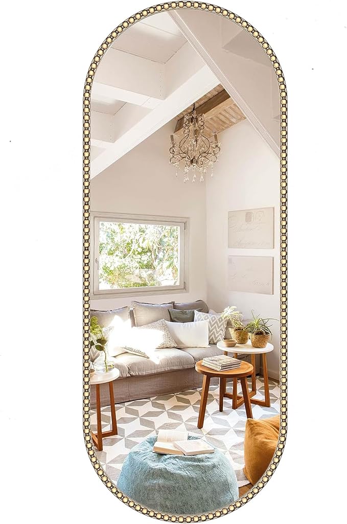 Champagne Bronze Bathroom Mirror with Beaded, 16"x48" Oval Full Length Mirror for Wall Decorated, Gold Vintage Bead Mirrors with Brass Frame for Bedroom,Living Room,Hallway,Fireplace