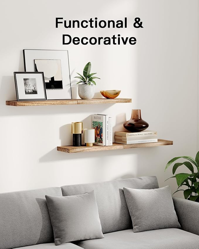 AMADA HOMEFURNISHING Floating Shelves, Paulownia Wood Wall Shelves for Living Room/Bedroom/Kitchen/Home Office, Wood Floating Shelf for Home Storage & Organization Set of 4 15.75" L x 5.91" W x 0.98"H