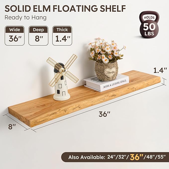 Floating Shelves Set of 2, Solid Elm Wood Wall Shelves 36 Inch - Invisible Bracket Mount for Living Room, Bedroom, Kitchen, Bathroom - Natural