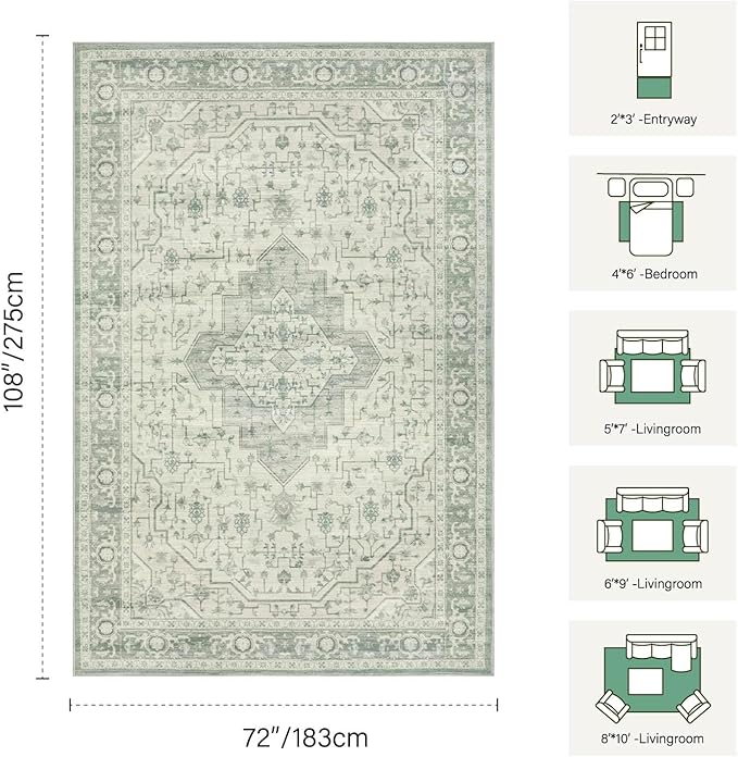Rugxara 6x9 Washable Area Rug for Living Room, Vintage Large Boho Rugs for Office, Dining Room, Kids Room, Farmhouse, Durable Low Pile Non Slip Carpet for High Traffic Areas, Sage Green