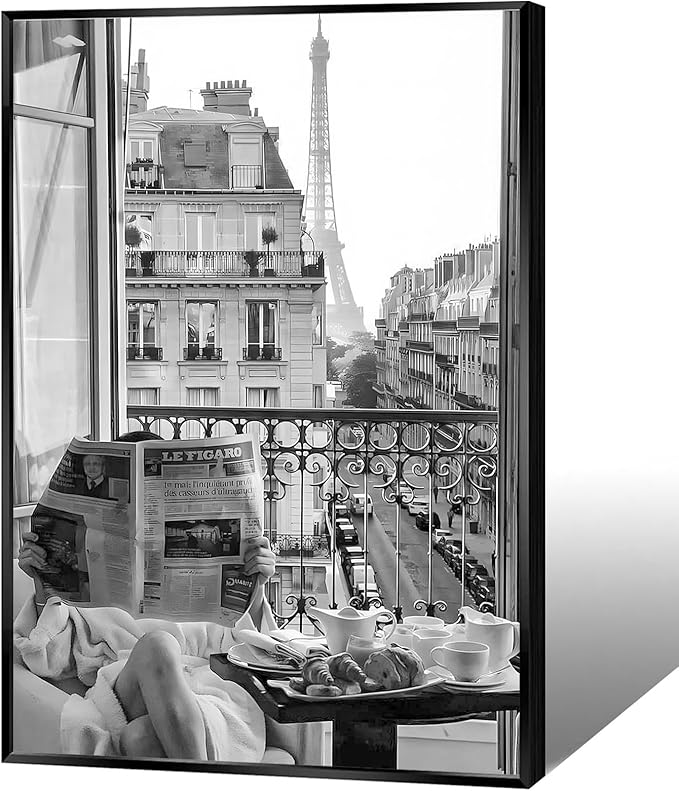 Vintage Girl Reading Newspaper Canvas Wall Art Eiffel Tower View Poster Retro Black And White Feminist Room Aesthetic Prints Painting For Home Bedroom Dorm Apartment Wall Decor 16x24in Wrapped Canvas