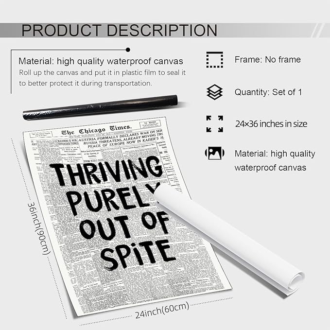noxozoqm Black And White Newspaper Poster Fashion Fun Motivational Quote Wall Art Thriving Purely Out Of Spite Prints for Apartment Bedroom Wall Decor 24X36 inch Unframed