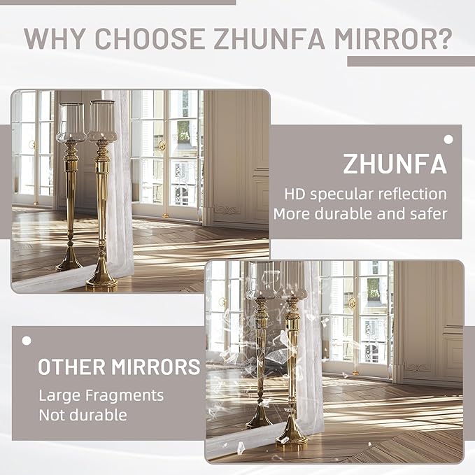ZHUNFA Arched Full Length Mirror with Solid Wood Frame, 71x32 Farmhouse Wall Mirror Full Length with Stand, Vertical Hanging, Leaning Standing for Bedroom, Living Room, Rustic White