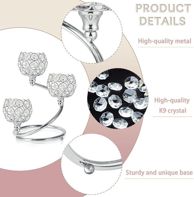 Metal Crystal Candle Holder Set of 3 - Elegant 5-Arm Metal Tea Light Centerpiece with Shining Crystal Bowl, Wedding Anniversary Table Decor for Dining, Party (Silver, 6 Pcs 3 Arm)