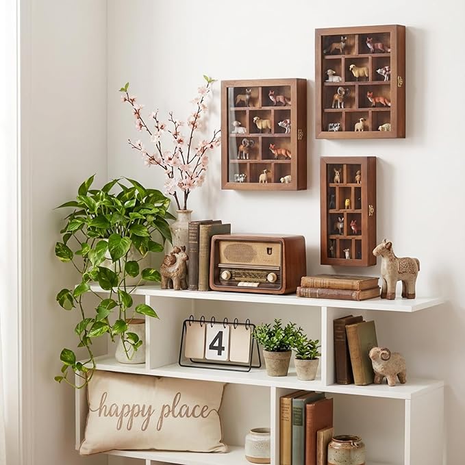 DoubleFill Set of 3 Wooden Trinket Display Shelf Shadow Box with Shelves 10 x 15 Inch Large Wall Mounted Display Storage Mini Figures Curio Trinket Medals Crafts Collections(Brown,Box Shape)