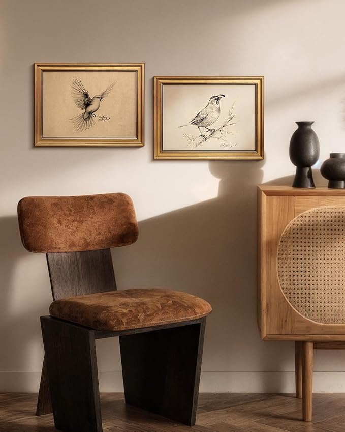 Bzstyleart Vintage Wall Art Decor for Living Room, Vintage Gold Framed Wall Art California State Bird, Framed Sketch Painting, Room Decor Aesthetic, Canvas Prints for Apartment Office, 12L x 16W