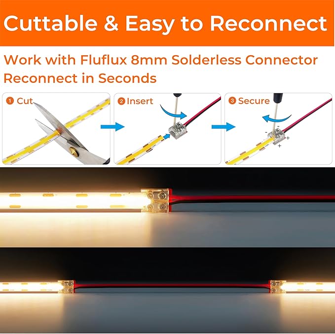 White COB LED Strip Light 4000K, Premium 24V DC Tape Light with Strong 3M VHB Tape, CRI 95, UL Listed, Cuttable, Dimmable, 3W/FT for Bedroom, Mirror, Closet (NO Power Supply)
