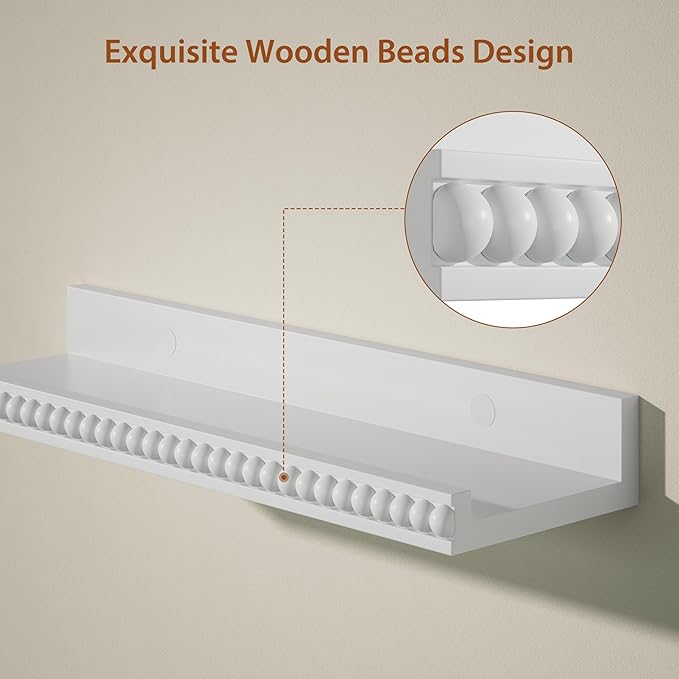 Alsonerbay White Floating Shelves Wall Mounted Set of 2, 15.7 Inch Modern White Shelves with Lip, Wood Wall Shelves with Wooden Beads for Bathroom Bedroom Living Room Nursery and More