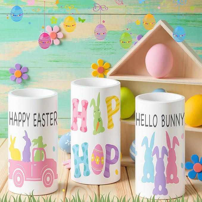 Retisee 3 Pcs Pastel Easter Flameless LED Candles Battery Operated Bunny Spring Flickering Pillar Candles with Remote Pastel Easter Decoration Centerpiece for Bedroom Living Room Dinner Table Decor