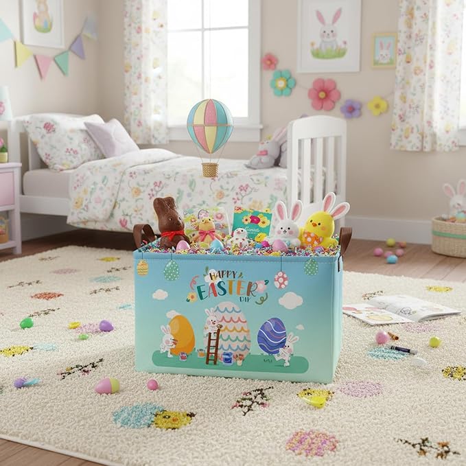 Large Rectangular Cute Kid Easter Basket Empty Bunny Eggs Easter Basket Gift Spring Room Storage Organizer Décor (E-10)
