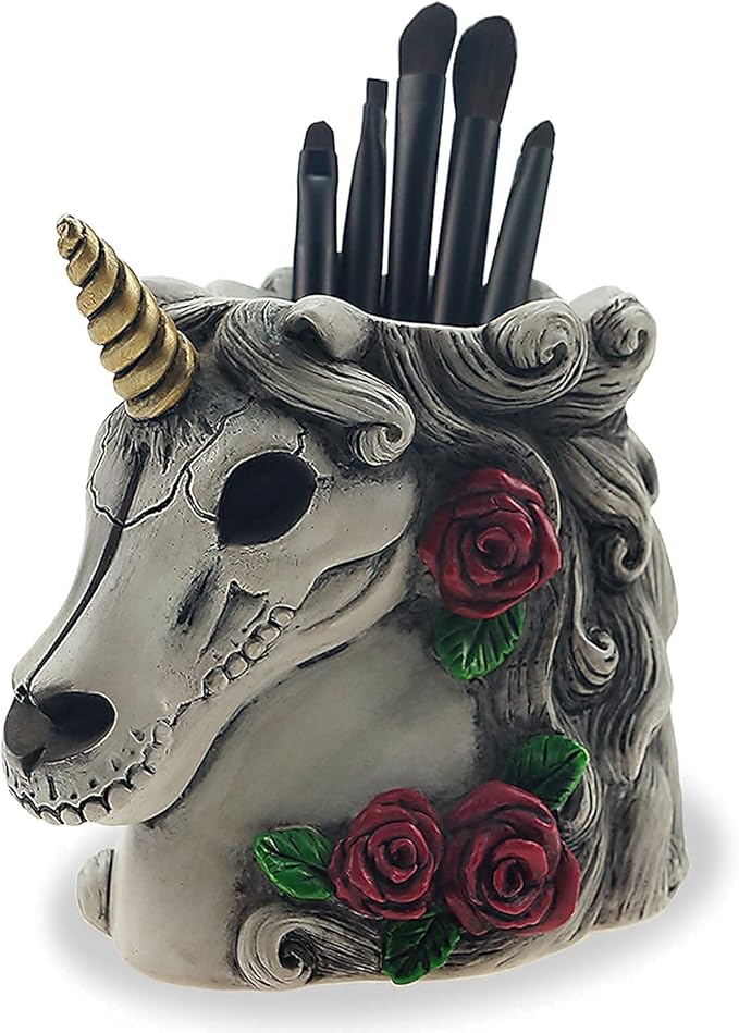 Gothic Unicorn Makeup Brush Holder Skull Gift for Women Adults Pen Organizer Halloween Decor Day Dead Goth Accessory