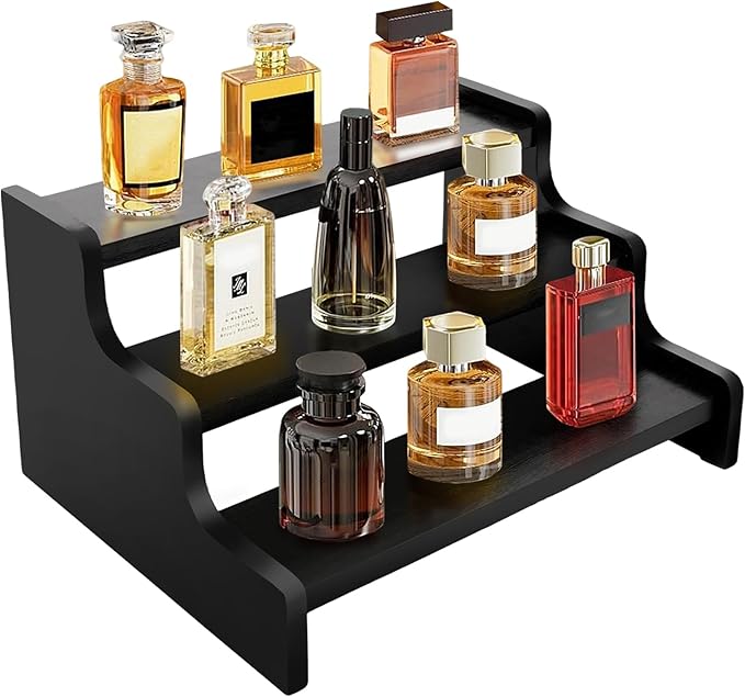Wooden Cologne Organizer for Men, Perfume Organizer Stand, Cologne Stand with Anti-Slip Washers, Wooden Display Risers Stand for Figures, Fragrances, Dessert, Cupcake, Makeup (Black, 3-tier-9.4in)