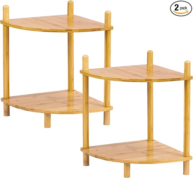 2Pcs 2-Tier Expandable Bamboo Corner Shelf Stand,Corner Bookshelf, Display Storage Shelves with Open Shelves, for Organization and Storage, Living Room, Home Office, Garage