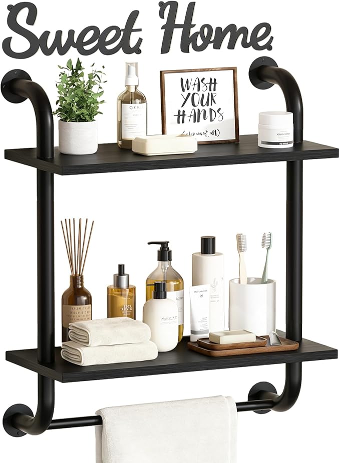 Tinpin Bathroom Shelves Wall Mounted, Rustic Farmhouse Pipe Shelves, Wall Shelves 2-Tier, Industrial Pipe Shelving, Floating Shelf Decor for Bathroom, Bedroom, Living Room Thanksgiving 17.3in Black