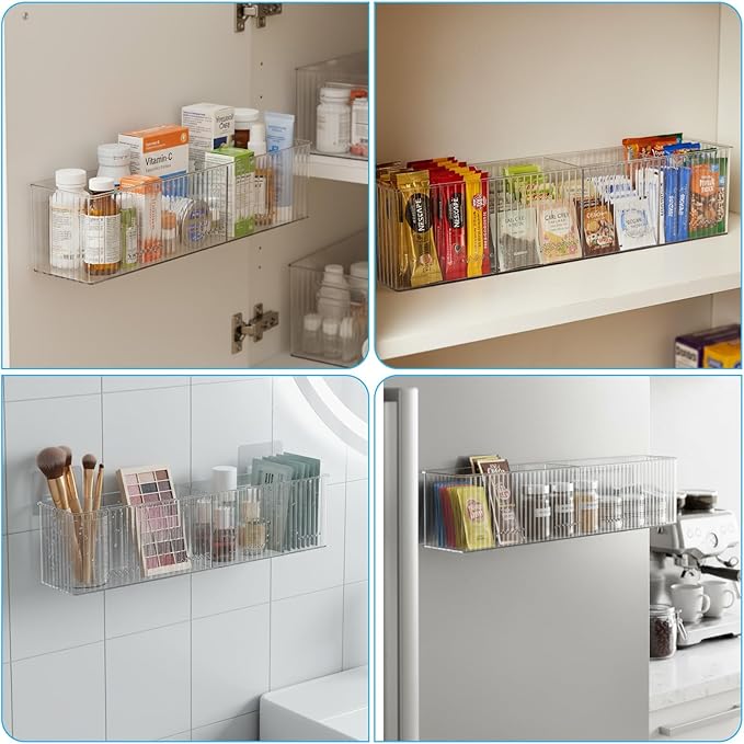 3 Pack Bathroom Makeup Organizer Wall Mount Clear Bathroom Organizers and Storage with 3 Compartments Plastic Storage Organizer Bins Floating Shelves for Wall, Narrow Space, Office, Bedroom 13.78''Len