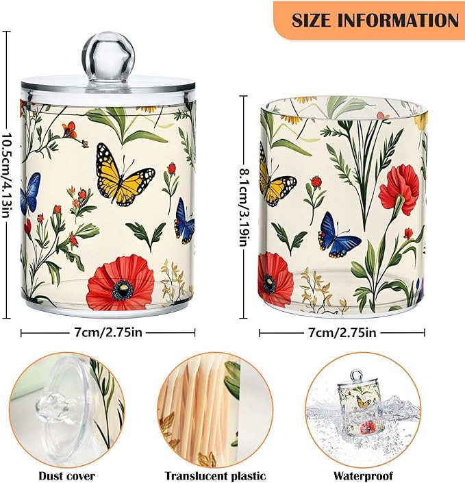 4 Pack Qtip Holder Dispenser Butterfly Tulip Wildflower Cotton Ball Swab Round Pads Floss Clear Bathroom Storage Containers Plastic Apothecary Jars with Lids