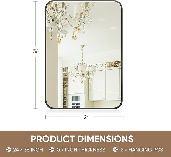 Antok 24x36 Black Metal Framed Bathroom Mirror, Wall Mirror with Round Corners, Vanity Mirror for Over Sink, Anti-Rust Tempered Glass, Horizontal/Vertical Hanging for Bathroom, Living Room, Entryway