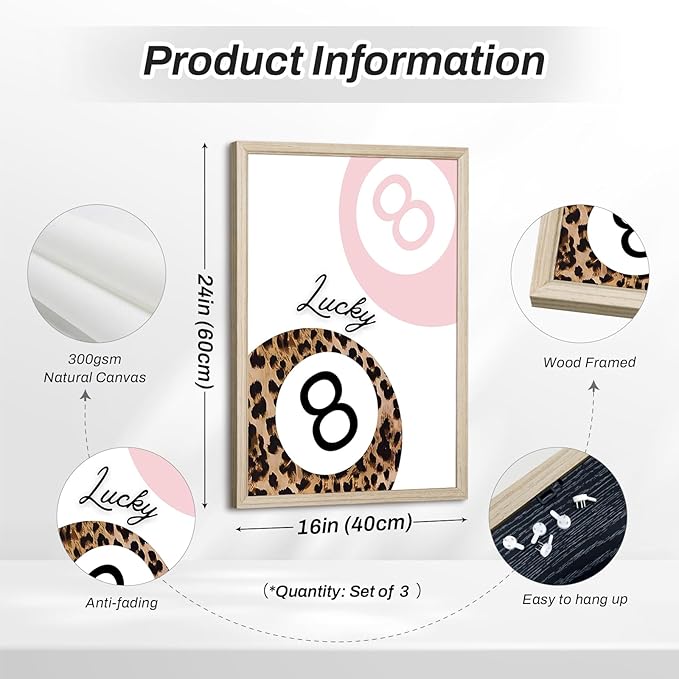 Pink Leopard Wall Art Decor Cheetah Trendy Poster Preppy Aesthetic Canvas Room Decor Pictures Coquette Y2k Wall Art 8 Ball Prints Pink Fashion Bow Artwork for Girls Bedroom 16x24x3 Inch Wood Framed