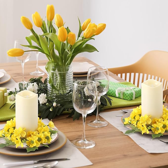 Daifunli 2 Pcs Spring Yellow Daisy Candle Ring Vibrant Floral Candle Wreath Ring for Pillar 3.9 Inch Candles Holder for Wedding Season Dining Table Centerpiece Decor
