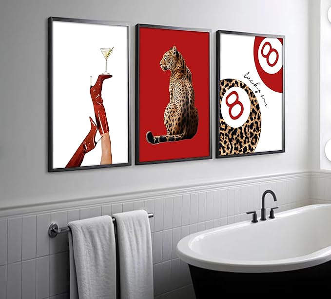 3Pcs Trendy Leopard Wall Art Preppy Funky Red Boot Martini 8 Ball Wall Decor Pictures Vintage Feminism Aesthetic Cheetah Canvas Poster Prints for Girly Bedroom Apartment Dorm Decoration 16X24Unframed