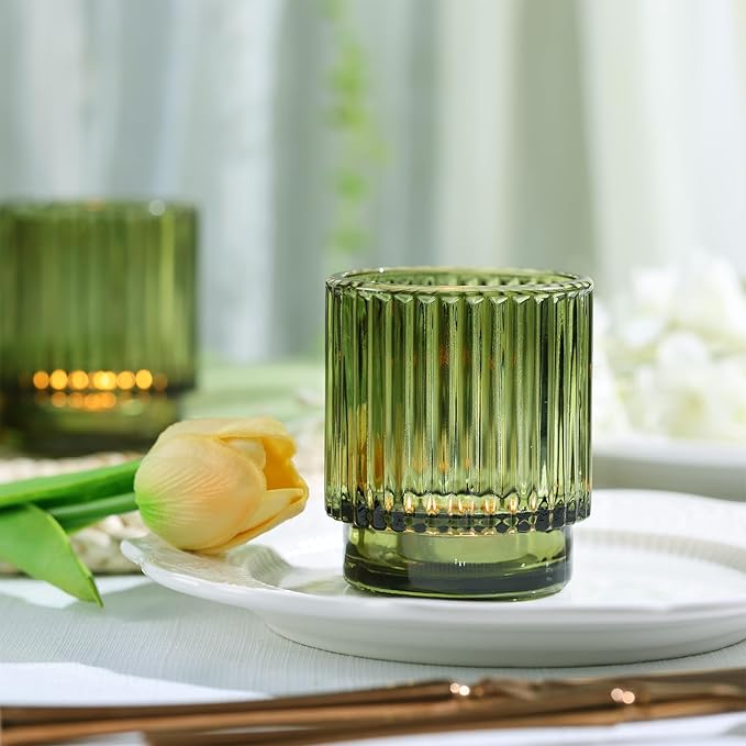 16 Pcs Large Green Votive Candle Holders, Tealight Ribbed Candle Holders Glass for Christmas Decorations, Green Glass Candle Holder, Vintage Boho Christmas Table Decorations,