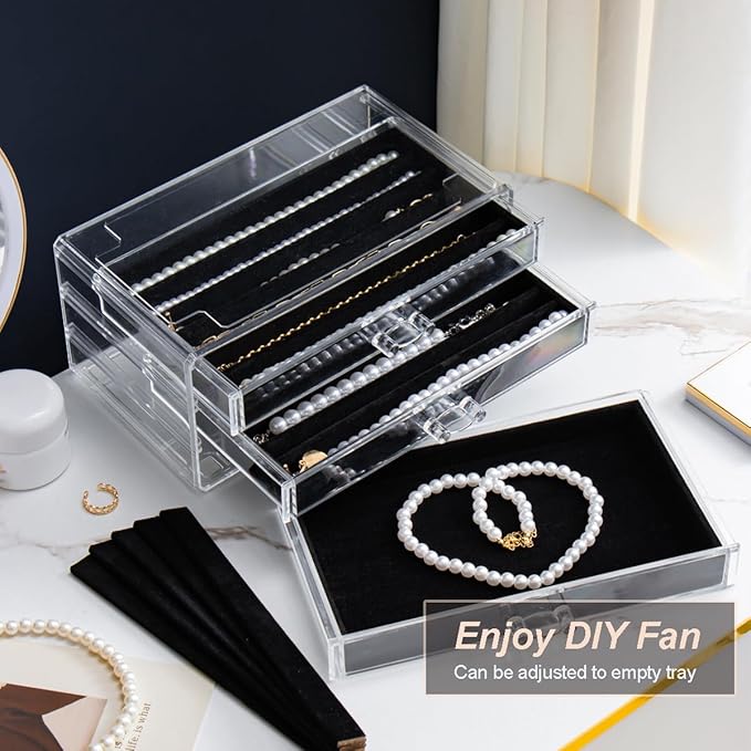 YUFONG Necklace Holder Organizer, Dustproof Necklace Box Velvet Necklace Organizer Box with Lid Clear Acrylic Dustproof Stackable Jewelry Displays for Necklaces Chain Display (Black, 3 Drawer)