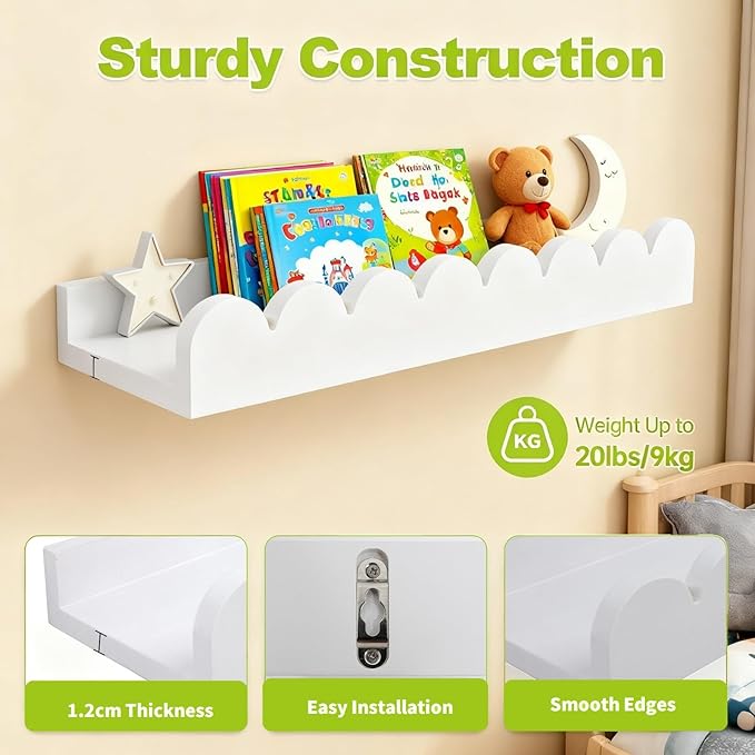 Floating Nursery Book Shelves for Wall, 16'' Wood Book Shelf for Baby Boys Girls Bedroom Bathroom and Décor Storage, Wall Shelf for Books, Plants, Toys, Photo Frames (White-Wooden Pegs, 4 Pack)