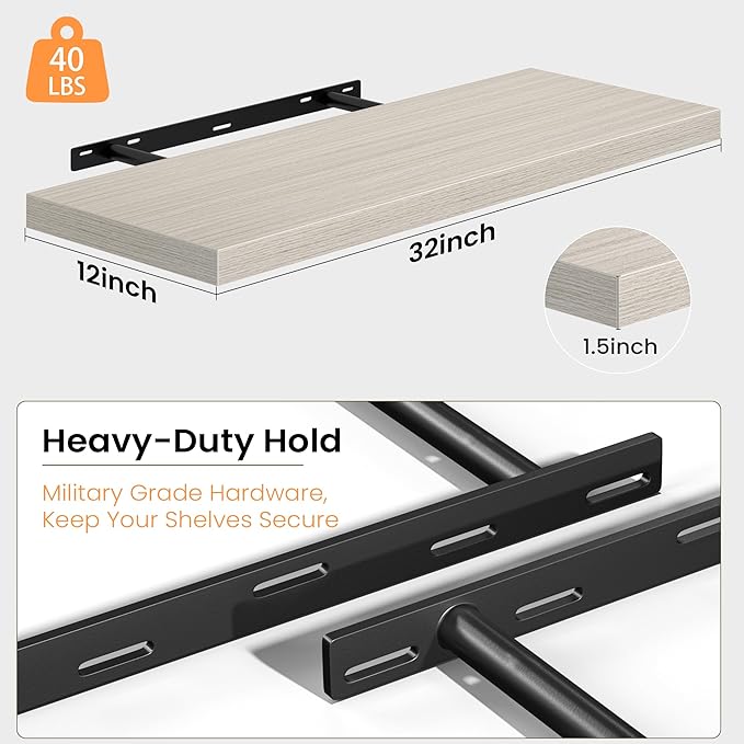 12 Inch Deep Floating Shelves, 32W x 12D Floating Shelf for Books, Rustic Wood Deep Wall Shelves for Home Storage & Display, 1.5" Thicked Shelves for Kitchen, Living Room, Bedroom, Gray, 2 Pack