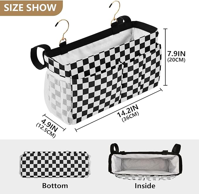 Black White Checkerboard Print Bedside Caddy Storage Bag Bedside Organizer for Bunk Bed Headboards College Organizer Caddy Hanging Shelf 6 Pockets with Hooks for Drinks Magazine Phone Holder