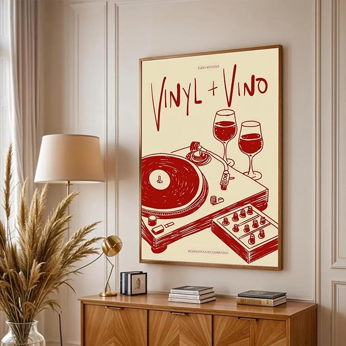 Vintage Wall Art Vinyl & Vino Canvas Poster Trendy Music Poster Retro Music Records Canvas Wall Art Modern Mid Century Vinyl Lover Aesthetic Prints Painting for Home Wall Decor, 16x24inch Unframed