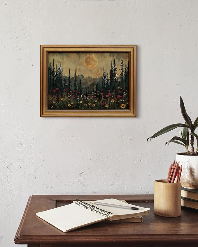 HUARCEY Gold Framed Canvas Wall Art, Moonlit Pine Tree Picture Decor, Living Room Bedroom Woodland Landscape Nature Decor, Rustic Vintage Moody Boho Canvas Paintings, 12x16inch