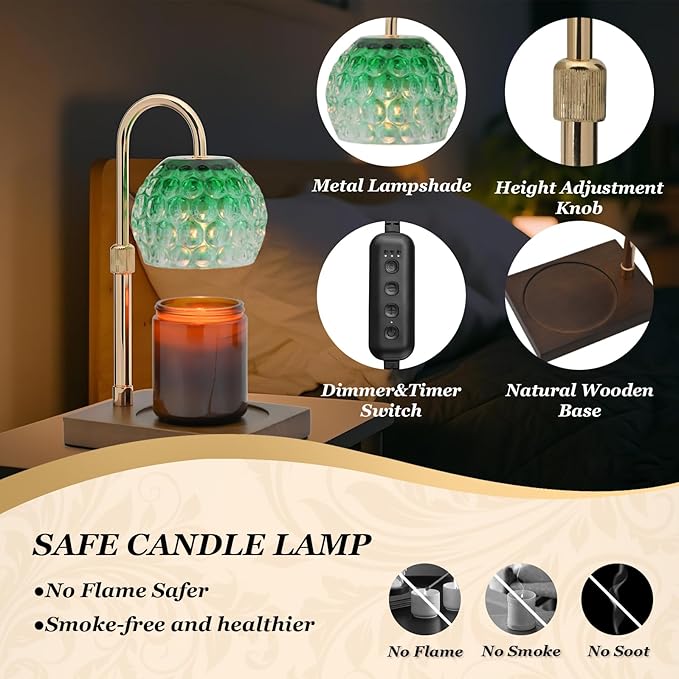 Cawalap Candle Warmer Lamp Timer - Christmas Gifts for Women Mom, House Warming Gifts New Home Decor Modern Farmhouse Decor, Glass Candle Warmer Wax Melt with 2 Bulbs Green