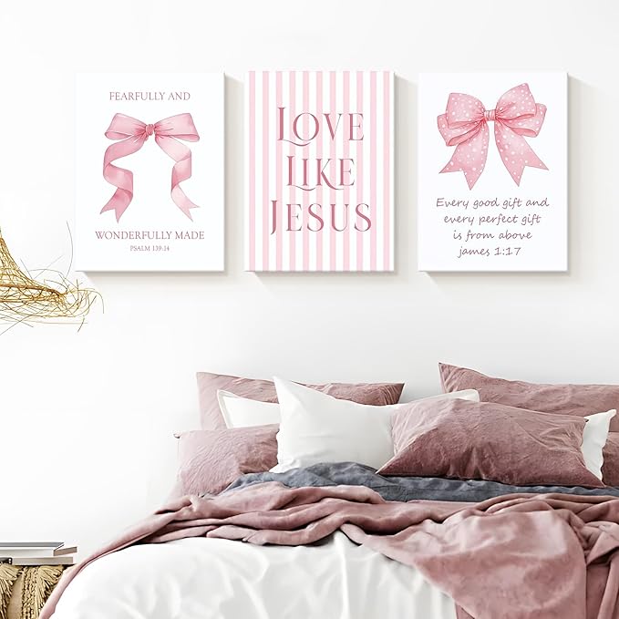 Dytila 3 Piece Pink Bows Wall Art for Girls Room, Bible Verse Pictures Bathroom Decor, Coquette Wall Artwork, Cute Teen Room Decoration, Dorm Decor for College, College Gifts for Girls 16x24 Inch