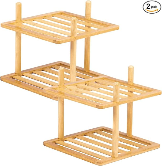 2-Tier Expandable Bamboo Corner Shelf - Dish/Plate Organizer for Cabinet, Kitchen Counter Shelf & Small Kitchen Shelf, Adjustable (2, Natural, 6.7" H-Large)