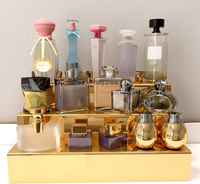 YMVV 12 IN Mirror Gold Acrylic 3 Tier Display Riser Perfume Organizer, Perfume Cologne Organizer Holder, Pops Toy Figures, Clear Cupcake Riser, Dessert Shelf