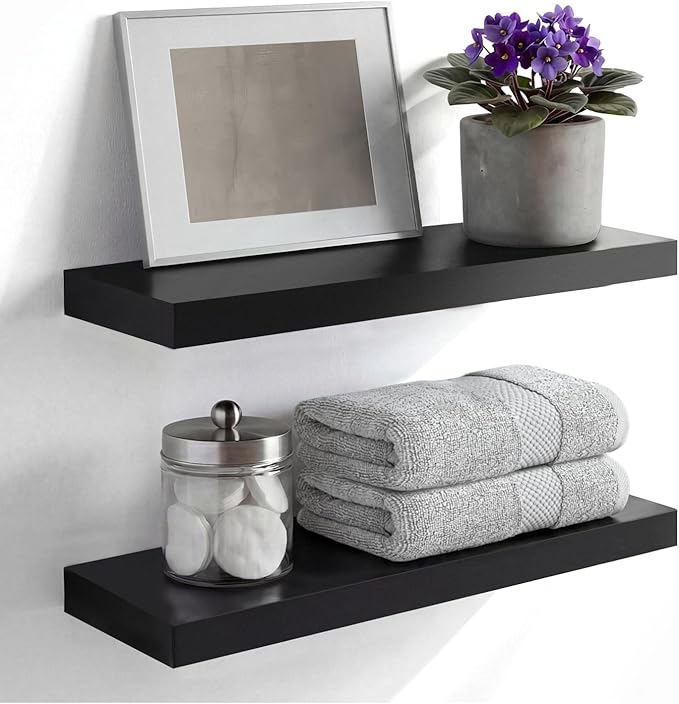 Homeforia Black Floating Shelf 18 inch, High End Solid Real Wood 18inch Bathroom Floating Shelves for Wall Mounted, Black Wooden 18in Floating Shelves, Heavy Duty Bracket, 18 X 6.5 X 1.75 in, Set of 3