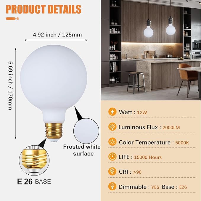 SD LUX Oversized LED Light Bulb 12W 1800LM (Eqi. 150W) Vintage Large Globe Edison Bulb E26 Milky Glass for Home Office Kitchen Bedroom Living Dining Room,1 Pack (Day Light 5000K, G125White-New)