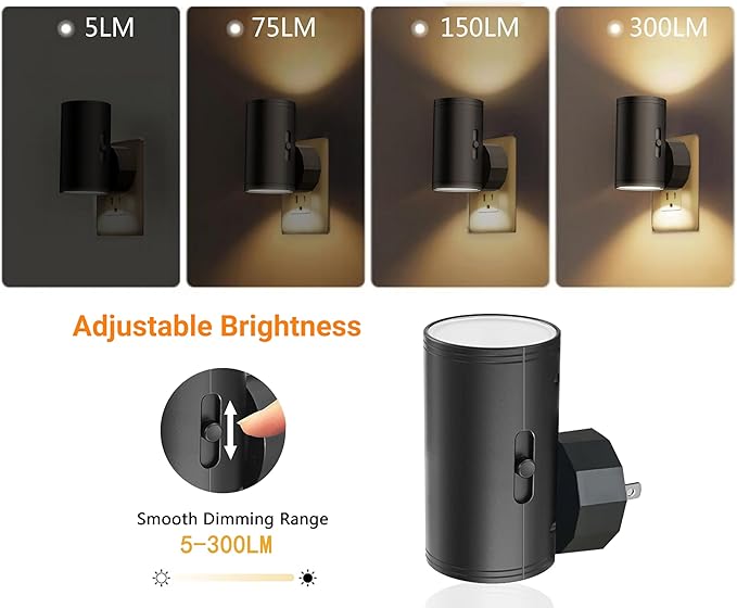 TSEXES LED Night Light Plug in, Modern Night Lights Plug into Wall, Dusk to Dawn Sensor, 5-300LM Adjustable Brightness,Daylight 5000K,Dimmable Night Lights for Hallway Bedroom Stairway, 2 Pack