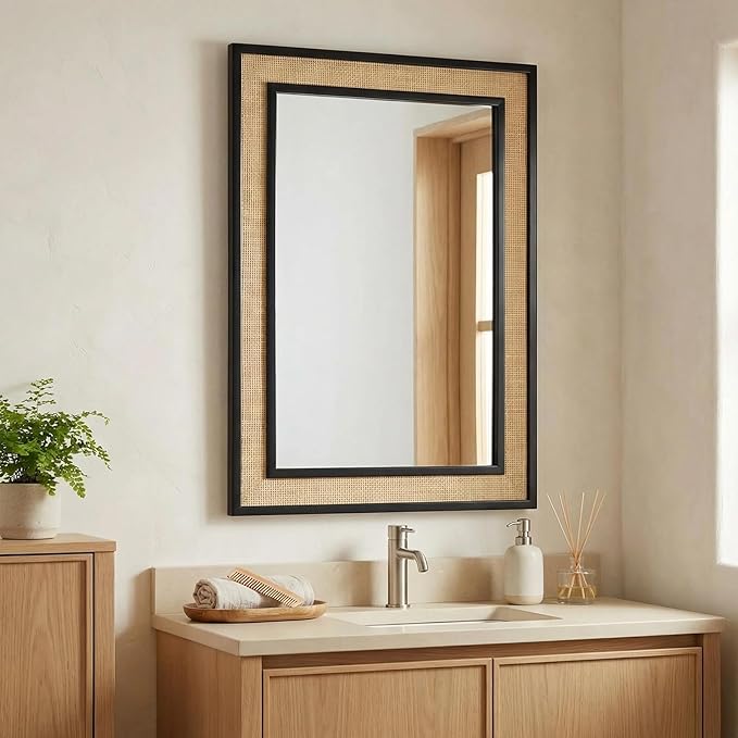 Rectangle Rattan Mirror, 20"x28" Rattan Wall Mirror, Farmhouse Wooden Vanity Mirror with Handmade Wicker Frame, Decorative Boho Mirror for Nursery Bedroom Living Room Entryway Black