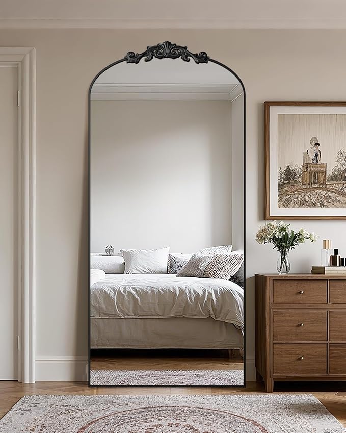 Antok Arched Full Length Mirror, 76"x34" Floor Mirror with Carved, Full Body Mirrors for HomeDecor, Standing/Halling Large Wall Mirror for Bedroom, Living Room, Cloakroom, Black, Retro Style