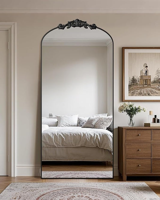 Antok Arched Full Length Mirror, 76"x34" Floor Mirror with Carved, Full Body Mirrors for HomeDecor, Standing/Halling Large Wall Mirror for Bedroom, Living Room, Cloakroom, Black, Retro Style