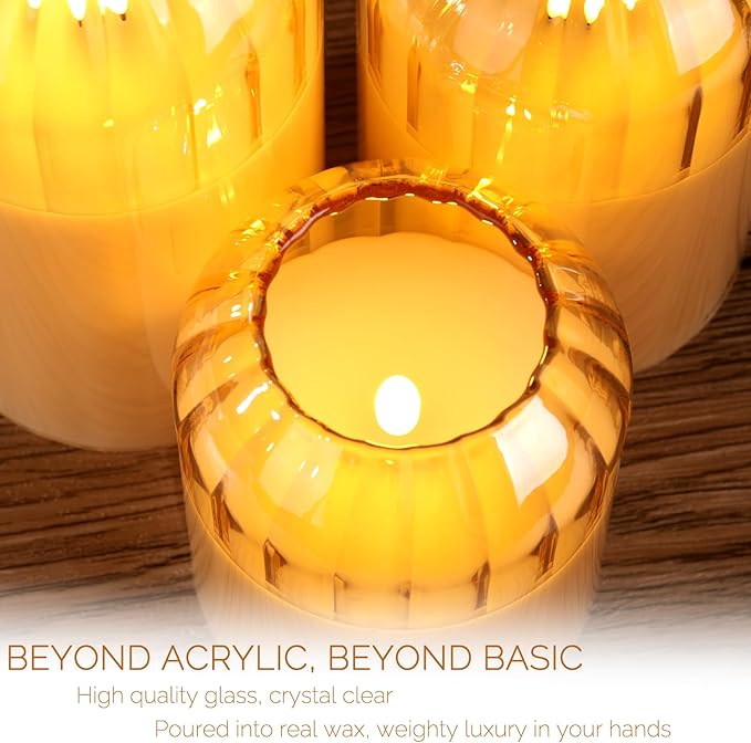 Gold Glass Flameless Candles with Remote, Real Wax Flickering Battery LED Pillar Candles Set of 3