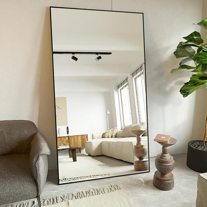 Koonmi 78"x35" Floor Mirror Full Length, Bedroom Floor Body Mirror with Stand, Large Black Mirror, Leaning, Standing or Hanging Horizontally/Vertically
