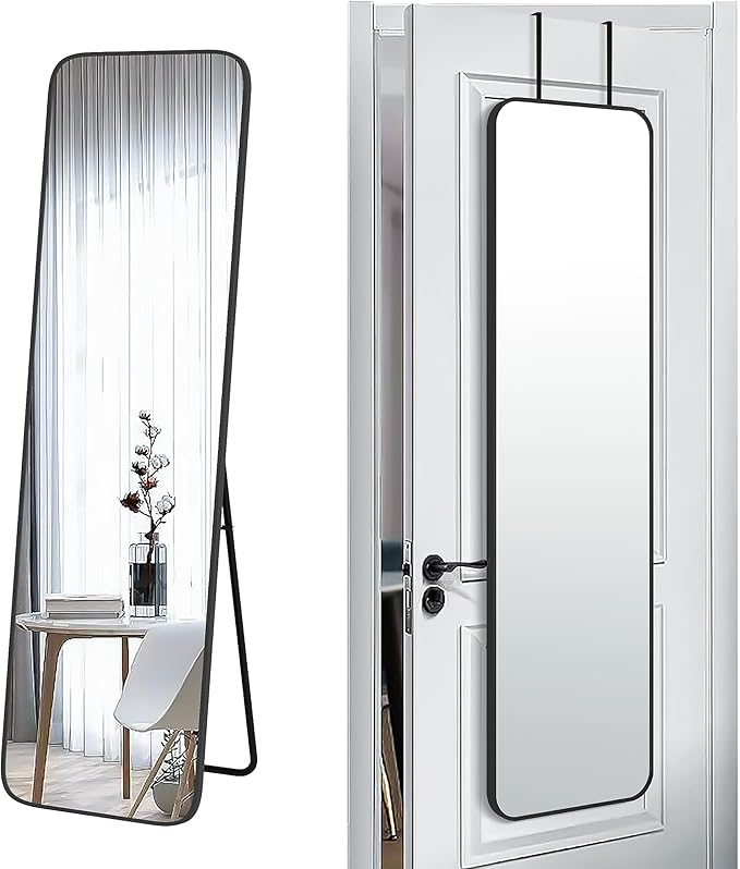 SCWF-GZ 57x16 Door Hanging Full Length Mirror, Floor Stand (Height 5.7ft just Body in1.3ft) Wall Mounted Metal Frame Rectangle Dressing Mirrors for Bedroom Bathroom Room 57 inch Black